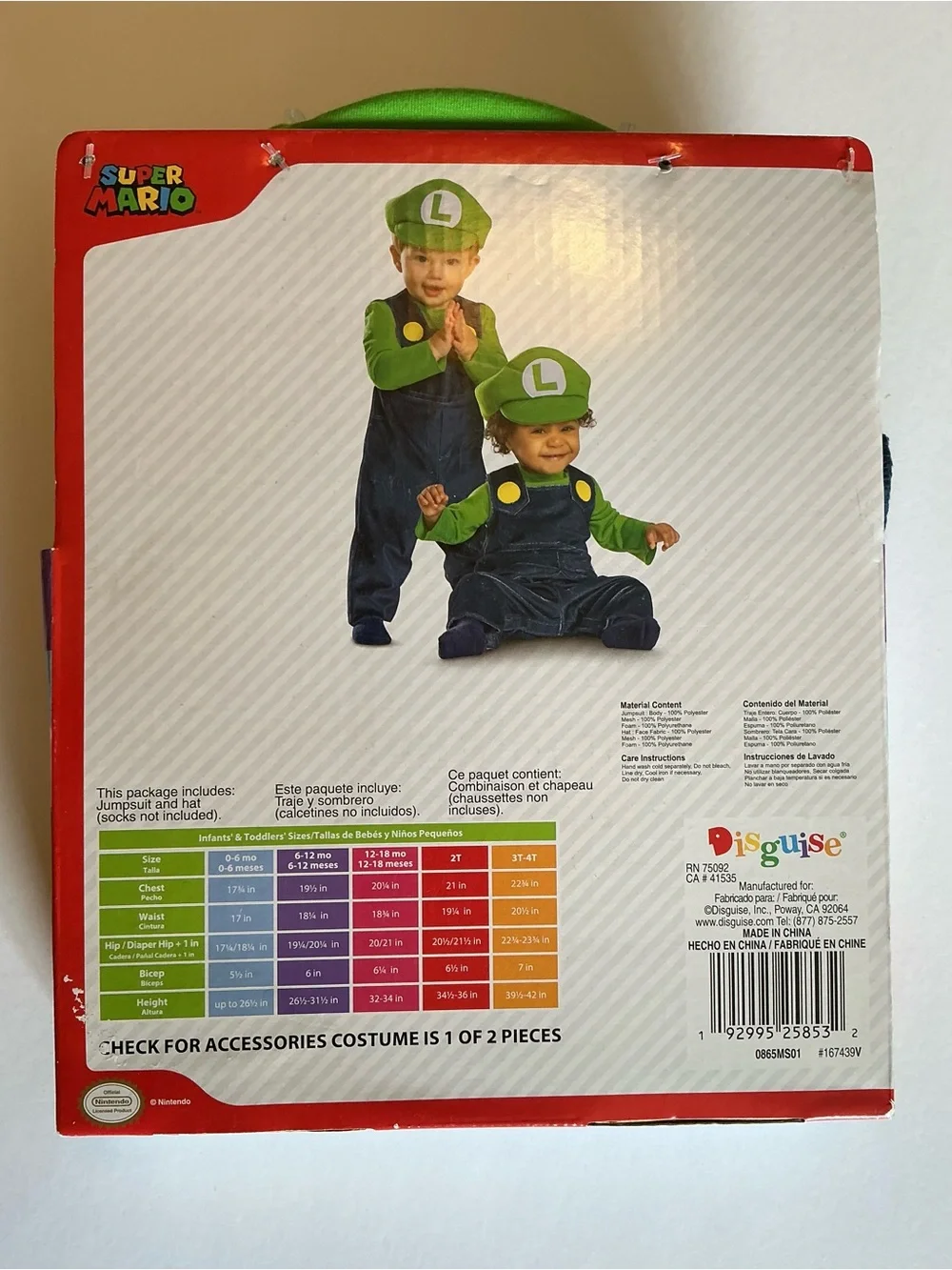 NWT Nintendo Luigi Super Mario Halloween Costume Infant Size 6-12mos by Disguise